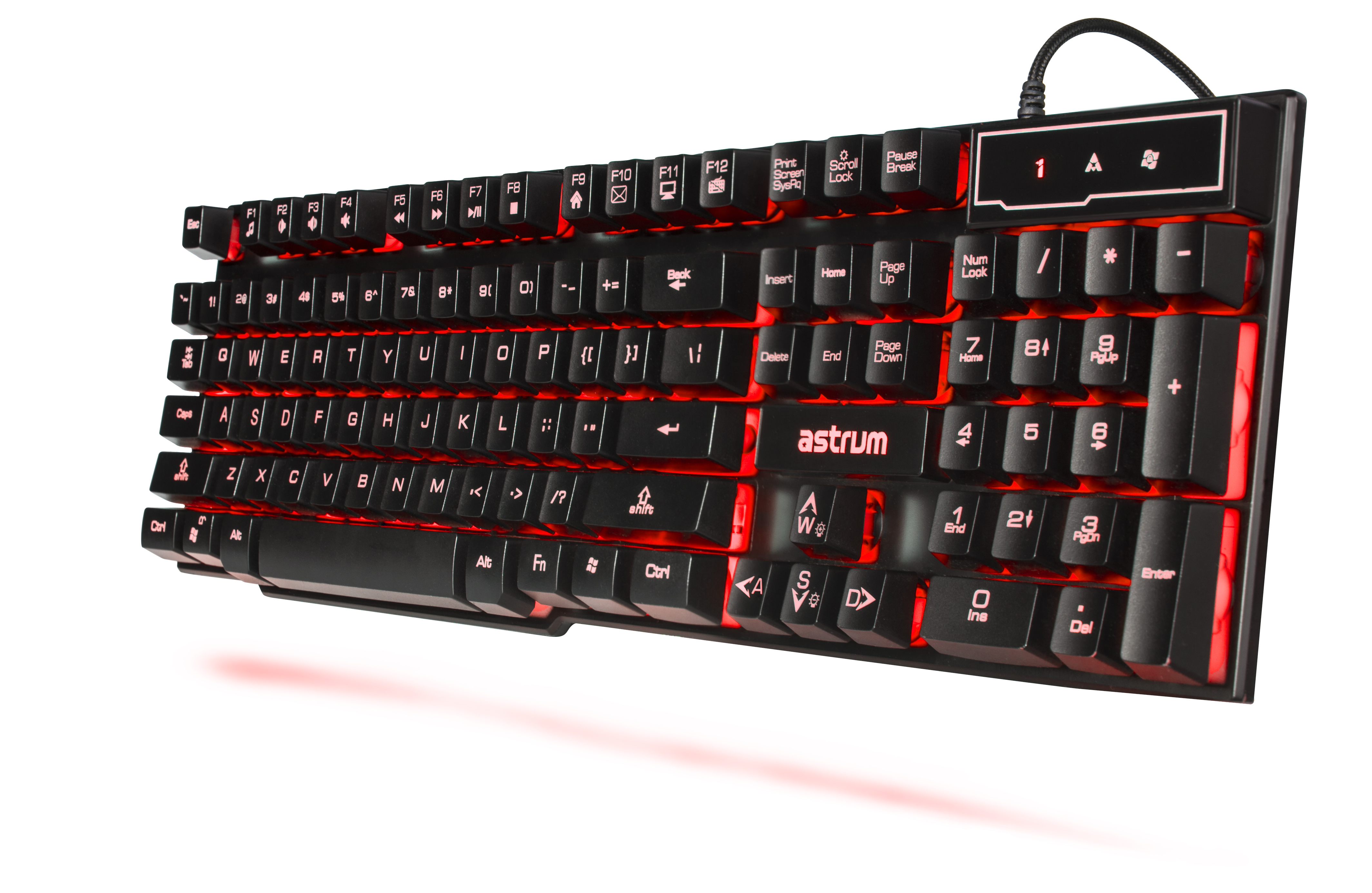 Red backlit KL610 mechanical gaming keyboard angled in the air